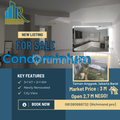 Dijual Apartemen Taman Anggrek Condominium NEWLY RENOVATED Tower 7 JUAL CEPAT HARGA PALING MURAH DI MARKET !! Harga Pasaran 5,5 M JUAL HANYA DI 2,7 M NEGO !!
