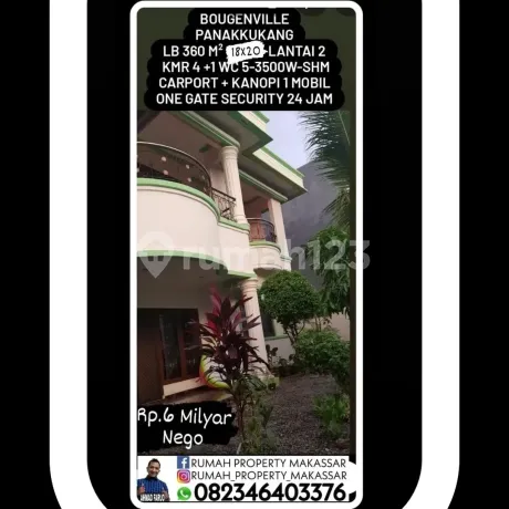 Rmh Mewah Komp. Bougenville Panakkukang LB : 360 M² (18X20) Lantai : 2 Kamar Tidur : 4 + 1 Art Kamar Mandi : 5 Listrik : 3500 Watt Air : Pdam+Sumur Bor Sertifikat : SHM Carport + Kanopi 1 Mobil One Gate System Security 24 Jam Rp. 6 Milyar Nego Rmh Mewah Komp. Bougenville Panakkukang LB : 360 M² (18X20) Lantai : 2 Kamar Tidur : 4 + 1 Art Kamar Mandi : 5 Listrik : 3500 Watt Air : Pdam+Sumur Bor Sertifikat : SHM Carport + Kanopi 1 Mobil One Gate System Security 24 Jam Rp. 6 Milyar Nego