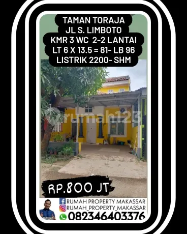 Rumah Taman Toraja Jl S. Limboto Jumlah Kamar : 3 Jumlah Wc : 2 2 Lantai Ukuran Tanah : 6 X 13.5 = 81M³ Ukuran Bangunan 96 Listrik 2200 Status SHM Lama Bangunan Sejak 2004 Rp. 800 Jt. Rumah Taman Toraja Jl S. Limboto Jumlah Kamar : 3 Jumlah Wc : 2 2 Lantai Ukuran Tanah : 6 X 13.5 = 81M³ Ukuran Bangunan 96 Listrik 2200 Status SHM Lama Bangunan Sejak 2004 Rp. 800 Jt.