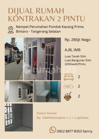 Rumah Kontrakan 2 Pintu Nempel Pondok Kacang Prima, Bintaro Tangerang
