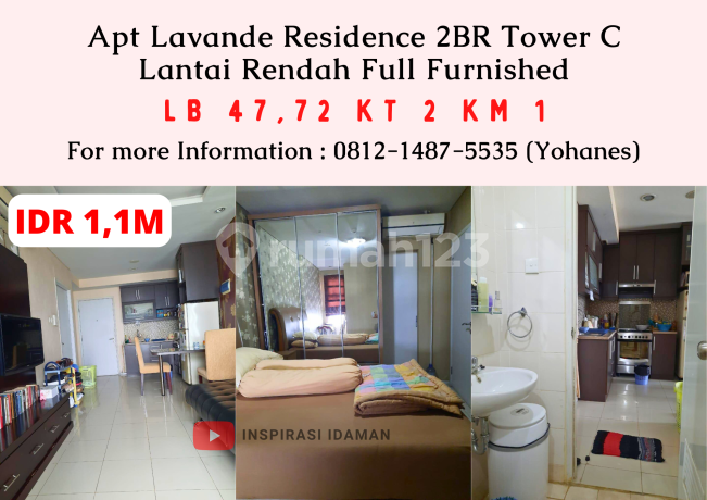 Apt Lavande Residence 2BR tower C lantai rendah Full furnished