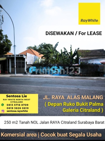 Disewakan 250 M2 Tanah Kavling Komersial Surabaya Barat - Nol Jalan Raya Alas Malang - Depan Ruko Bukit Palma Galeria Citraland Surabaya - Spesial Row Jalan Lebar 4 Mobil Cocok Buat Segala Usaha