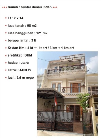 Jual Murah....Diskon Abis..Bu....Rumah 3 Lantai 4 Kamar Hanya 2,65M di Sunter Danau Indah