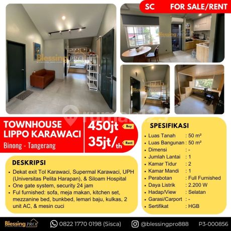 Dijual Cepat Townhouse Lippo Karawaci, Fully Furnished, Tangerang
