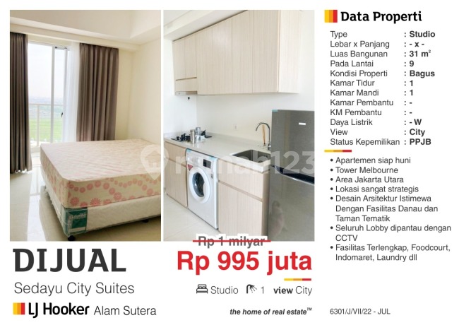 For Sale Furnished Studio Apartment Price Reduced in Kelapa Gading