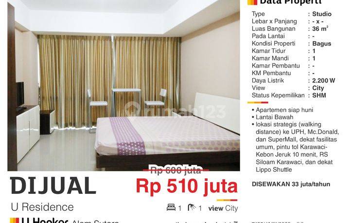 Dijual Apartemen Studio Furnished Bagus Lantai Rendah Dekat Uph