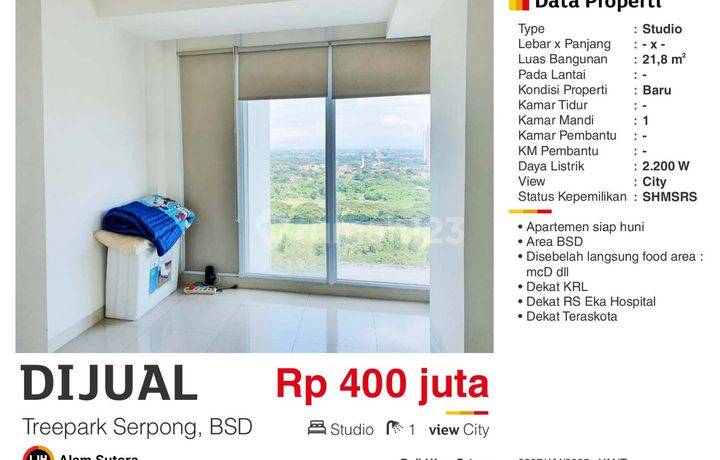 Dijual Apartemen Studio Unfurnished  Murah SHM Treepark BSD 