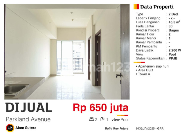 Dijual Apartemen 2BR Unfurnished Bagus di Parkland Avenue BSD