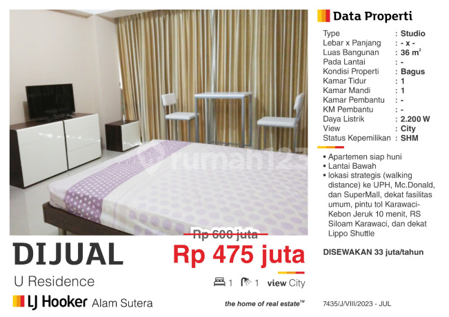 Dijual Apartemen Studio Furnished Murah Lantai Rendah Dekat Uph