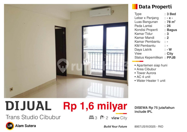 Dijual Apartemen 3BR Semi Furnish Dekat Mall di Transpark Cibubur Dijual Apartemen 3BR Semi Furnish Dekat Mall di Transpark Cibubur