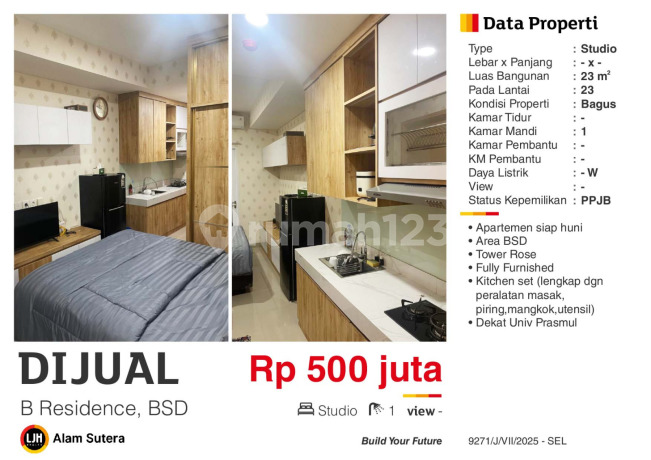 Dijual Apartemen Studio Furnish BResidence Dekat Univ Prasmul BSD