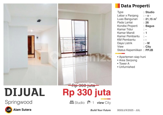 Dijual Apartemen Studio Unfurnish Murah Dekat Binus Alam Sutera