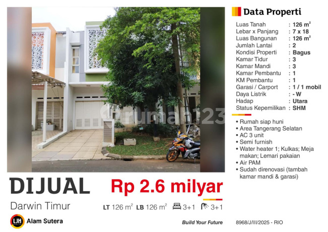 Dijual Rumah SHM Terenovasi Cluster Darwin Timur Gading Serpong