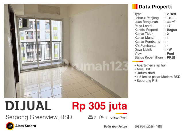 Dijual Apartmen 2Br Unfurnish Bagus Murah Serpong Greenview BSD Dijual Apartmen 2Br Unfurnish Bagus Murah Serpong Greenview BSD
