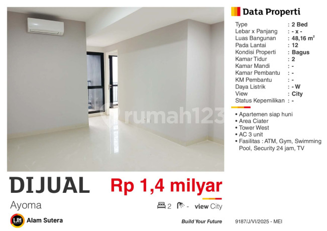 Dijual  Cepat Apartemen 2BR Unfurnished Ayoma di Ciater Serpong 