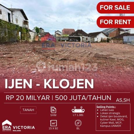 Tanah Luas Dijual/Disewakan di Kawasan Ijen/Bareng. Dekat Ijen Boulevard, Jl Kawi, Mog, Perum Ijen Nirwana, Pasar Bareng
