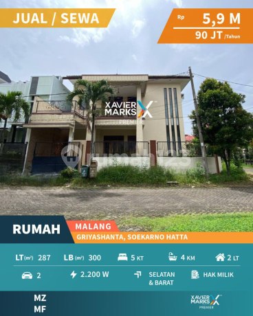 Large Hook House for Rent, Ready to Occupied in Griya Shanta, Suhat Malang
