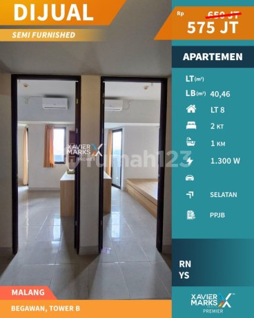 Dijual Unit Apartemen Begawan 2 Br LT. 8 Semi Furnish Seharga 1 Br di Tlogomas, Mlg