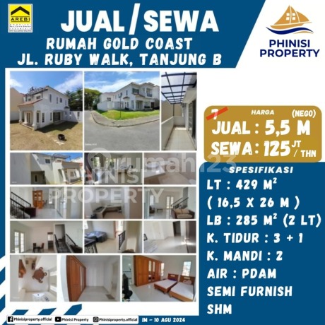 Dijual Rumah Sudut Kompleks Gold Coast Tanjung Bung