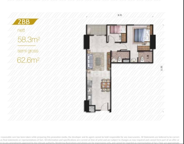 Dijual Apartemen Grand Madison Central Park 2BR Uk 58.3 m² at Jakarta Barat 
