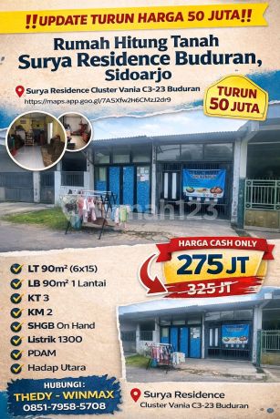 Murah Rumah Hitung Tanah Surya Residence Buduran Sidoarjo [601]