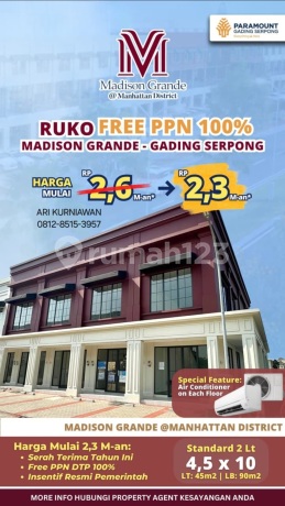Ruko Madison Grande Gading Serpong Free VAT From 2.6M to 2.3M