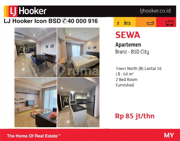 Disewakan Apartemen Branz BSD 2 Bedroom! Dijamin Termurah!! Hanya 85Jt/Th!!