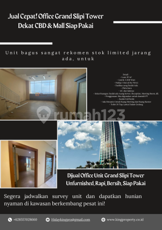 Jual Cepat! Office Grand Slipi Tower Dekat Cbd & Mall Siap Pakai
