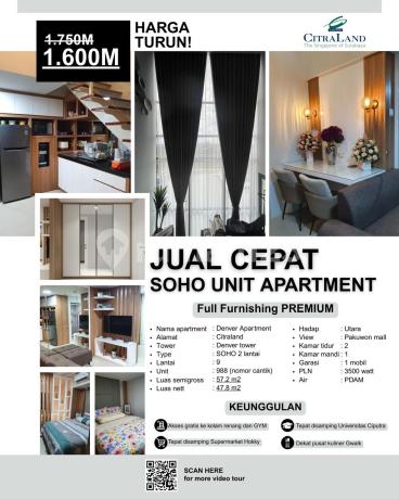 Jual Apartment Denver tipe SOHO lantai 9, Full furnished PREMIUM, View Pakuwon Mall