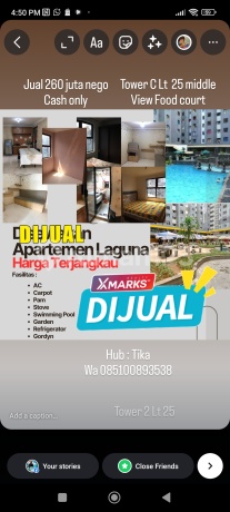 Dijual Apartemen Laguna Pluittower C Lt 25 View Food Court Type 2 Br + 1 Km Semi Furniture, Nego Sampai Deal, Hgb, Cash Only!! Survey Yuk!!