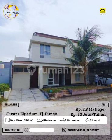 Dijual/Disewakan Rumah 2Lt Cluster Elysium Tj Bunga Siap Huni Ar