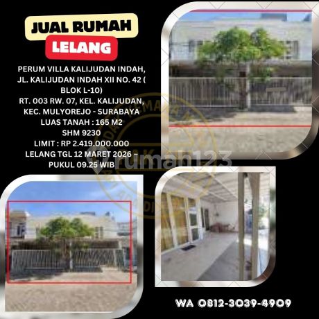 Jual Rumah Lelang Bank di Mulyorejo Surabaya (Perum Villa Kalijudan Indah) - Lelang Kpknl Jual Rumah Lelang Bank di Mulyorejo Surabaya (Perum Villa Kalijudan Indah) - Lelang Kpknl