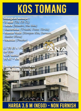 New Boarding House 4.25 Floors, Area 5x15m², Strategic Location Ideal for Investment, 16 Bedrooms, 16 Bathrooms, in Tomang - *Good Deal!!*