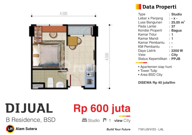 Dijual Apartment Type Studio B-Residence, BSD Hanya 600 Juta Dijual Apartment Type Studio B-Residence, BSD Hanya 600 Juta