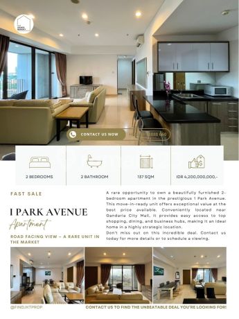 1 Park Avenue, 2Br 137Sqm, Facing Jalan (Very Rare) Harga Termurah! Contact Clara-Abie Property