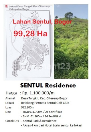 Di Jal Tanah Terluas Lt 992.800 M2 di Sentul Residence, Citereup