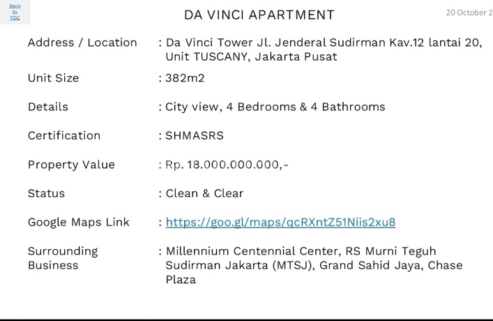 Dijual Apartemen Da Vinci Unit Tuscany Lantai.20 Furnish
