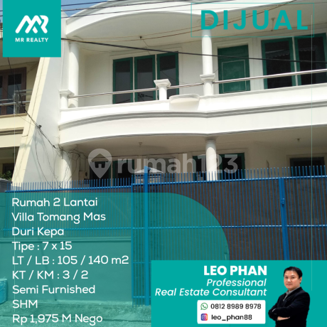 Rumah 2 Lantai Villa Tomang Mas Duri Kepa, Tipe 7x15, LT/LB 105/140 m2, Semi Furnished, SHM