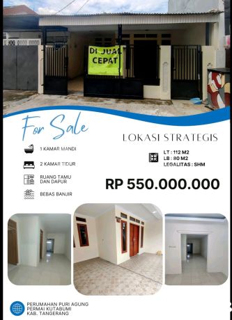 Rumah Murah Lokasi Strategis Di Perumahan Puri Agung Permai Kutabumi, Kab. Tangerangspesifikasi :luas Tanah : 112m²luas Bangunan : 80m²kamar Tidur : 2kamar Mandi : 1shmharga 550 Juta Nego