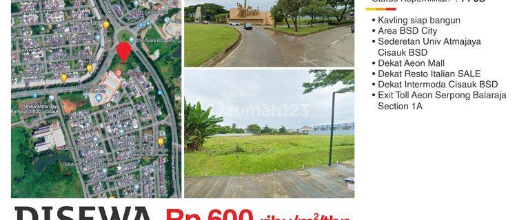 Disewa Kavling Komersial Bsd City Avani Luasan 3000 M2 Harga Sewa 400 Ribu M Exclude Ppn, Exclude Pph Nego Sd Deal Peruntukan Office,f B 1