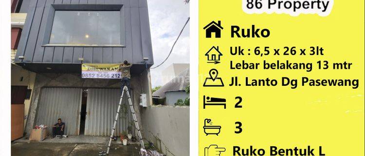 Disewakan Ruko di Lanto dg pasewang dekat jl ratulangi. ruko berukuran besar cocok untuk bank , kantor. dekat jl rusa , tengah kota. 1