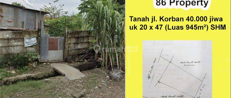 JUAL Tanah di Korban 40rb jiwa luas hampir 1000m2 dekat jl pongtiku dan urip 1