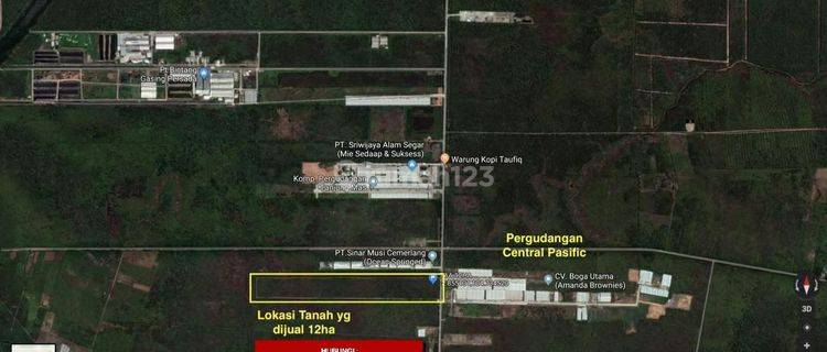 Dijual tanah 12 Ha di TAA seberang pergudangan Central Pacific di Palembang 1