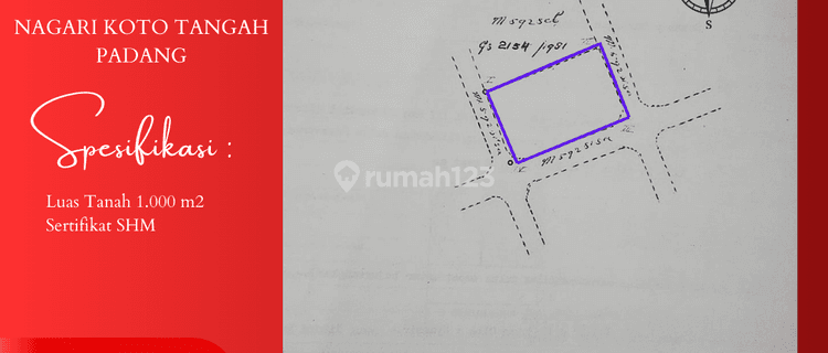 DIJUAL CEPAT! Tanah di Nagari Koto Tengah, Padang - Luas Tanah 1.000m², SHM 1