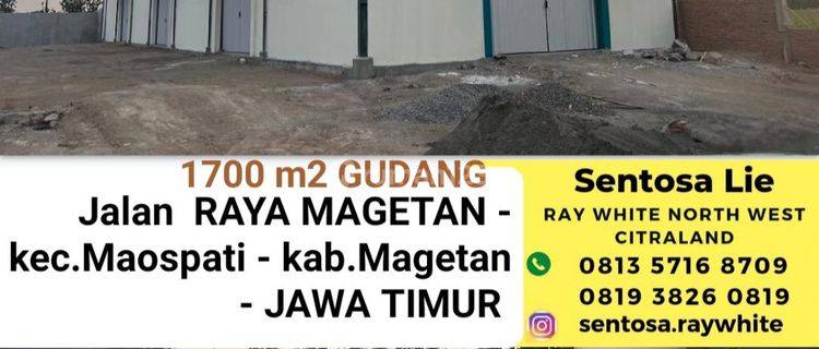 Disewakan 1700 m2 Gudang Jalan Raya Magetan - Maospati  JATIM - Kondisi Baru Siap Pakai  1