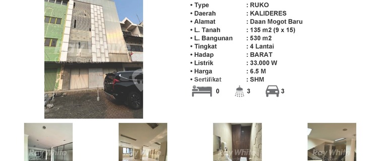 For Sale: Daan Mogot Baru Shophouse  
530 m2 with SHM Certificate  
Kalideres, West Jakarta  
Listing ID: 0040-ERWMOV 1