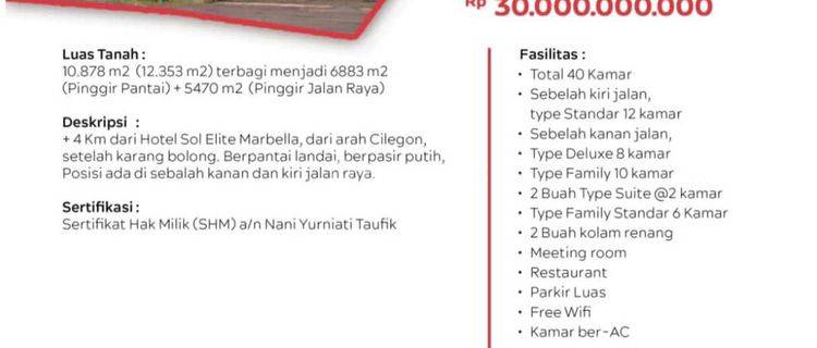 Dijual Resort 40 Kamar Tidur Lokasi Bagus Di Anyer, Serang Banten 1