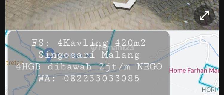 Termurah 4 Kavling Total 420m2 @singosari Malang, Cocok Unt Gudang/Villa/Bengkel/Area Gaming (view Gunung Rinjani & Gunung Bromo); Jual 878jt. 1