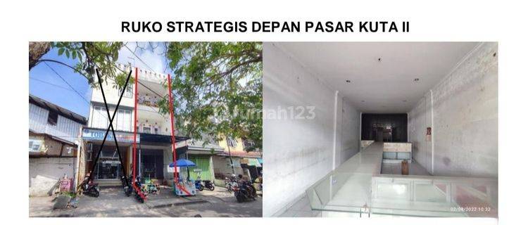 Ruko 4LT Lokasi Strategis Di Depan Pasar Kuta II Siap Untuk Usaha 


Spesifikasi :


Luas Tanah : 93m²


Luas Bangunan : 277m²


Tingkat : 4 Lantai


Kamar Tidur : 4


Kamar Mandi : 5


PLN : 3300 Watt


Air : Sumur Bor 


Hadap : Timur 


SHM 


Harga 4, 1